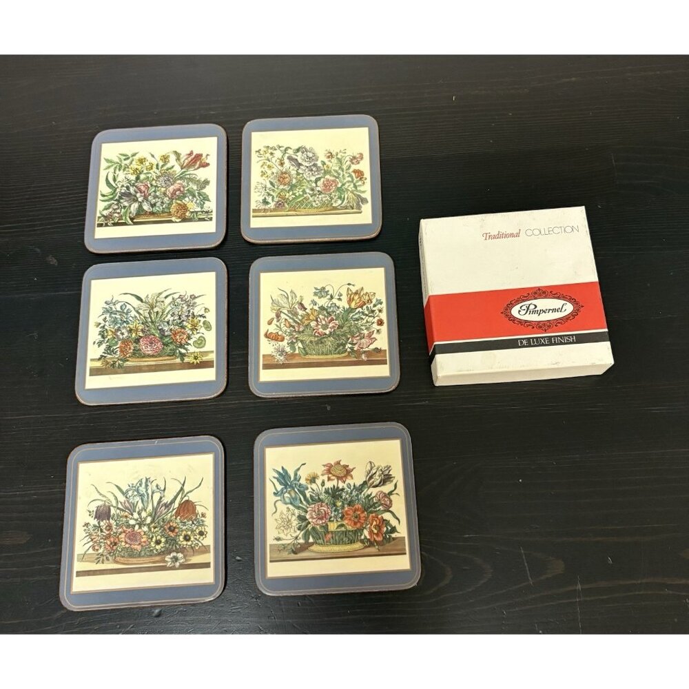 Pimpernel Deluxe Beverage Coasters Floral Array Cork Backed Set of 6 England